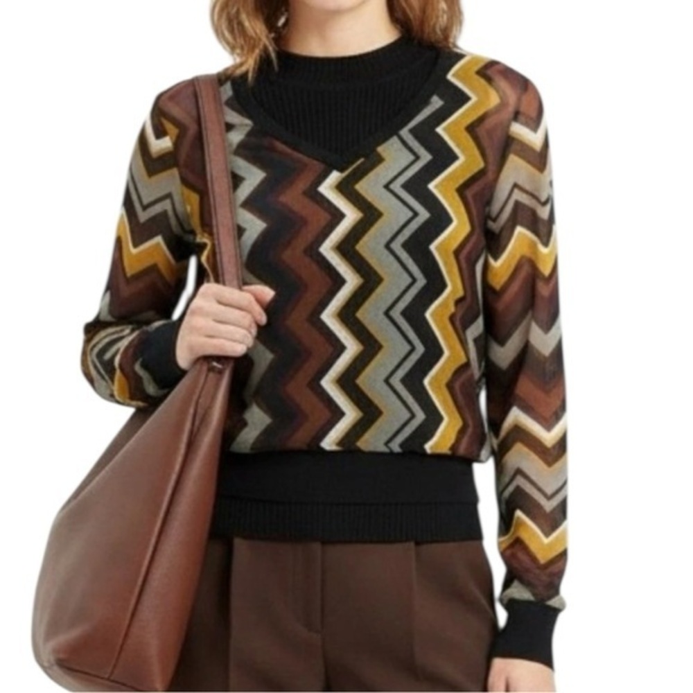 Missoni for Target Women's S Brown Black Zig Zag Chevron V-Neck Sheer Blouse Top